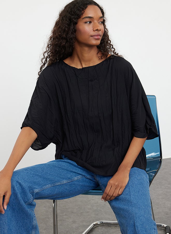 trendyol Black Wrinkle Effect Short Sleeve Woven Blouse TWOAW25BZ00051  - Image 1