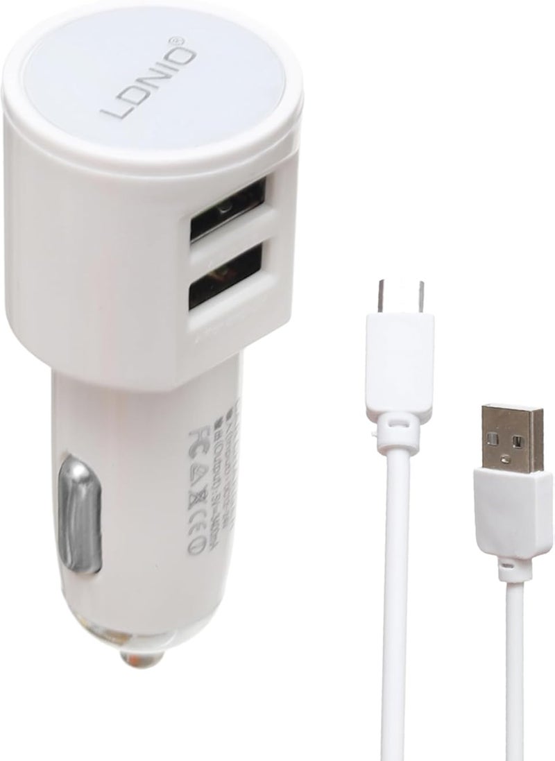 شاحن سيارة سريع LDNIO DL-C29، منفذ USB مزدوج 3.4 أمبير، كابل Lightning - أبيض