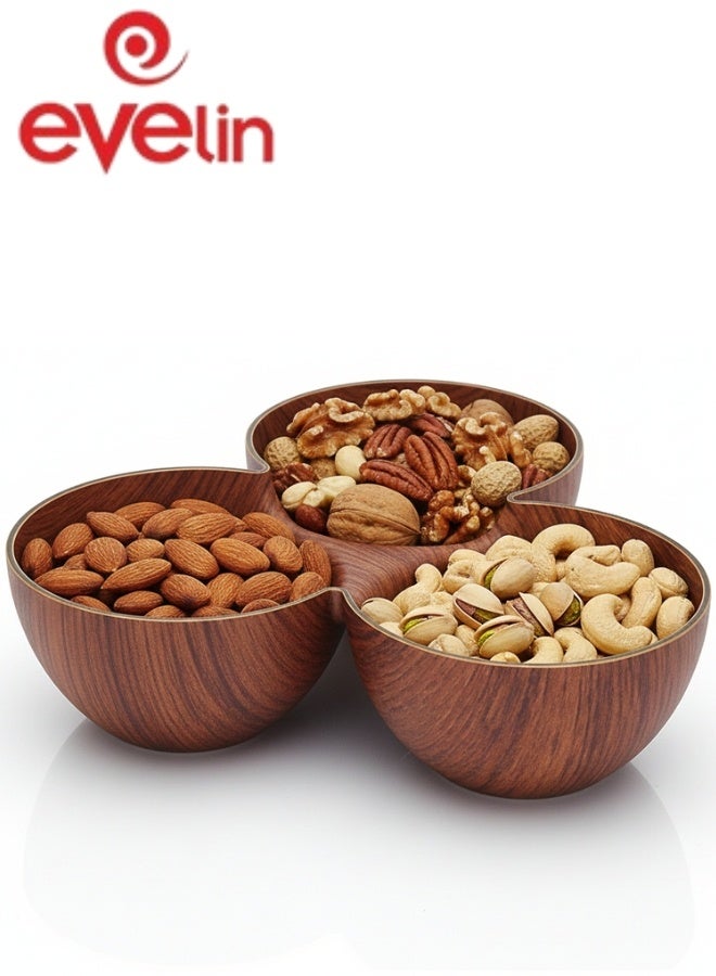 إيفيلين وعاء تقديم ثلاثي بتصميم خشبي – طبق مقسم للمكسرات والوجبات الخفيفة والصلصات – بلاستيك آمن غذائيًا مقاوم للكسر – وعاء تقديم عملي وأنيق مقاس 16×10 سم للمكسرات والسناكس والتغميسات، مناسب للمطبخ والحفلات والضيافة - Image 1