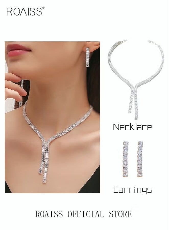 roaiss 3 Pcs Zircon Necklace Earrings Set Ear Drop Dangle Diamond Bridal Dress Accessories for Women Silver/Clear - Image 2