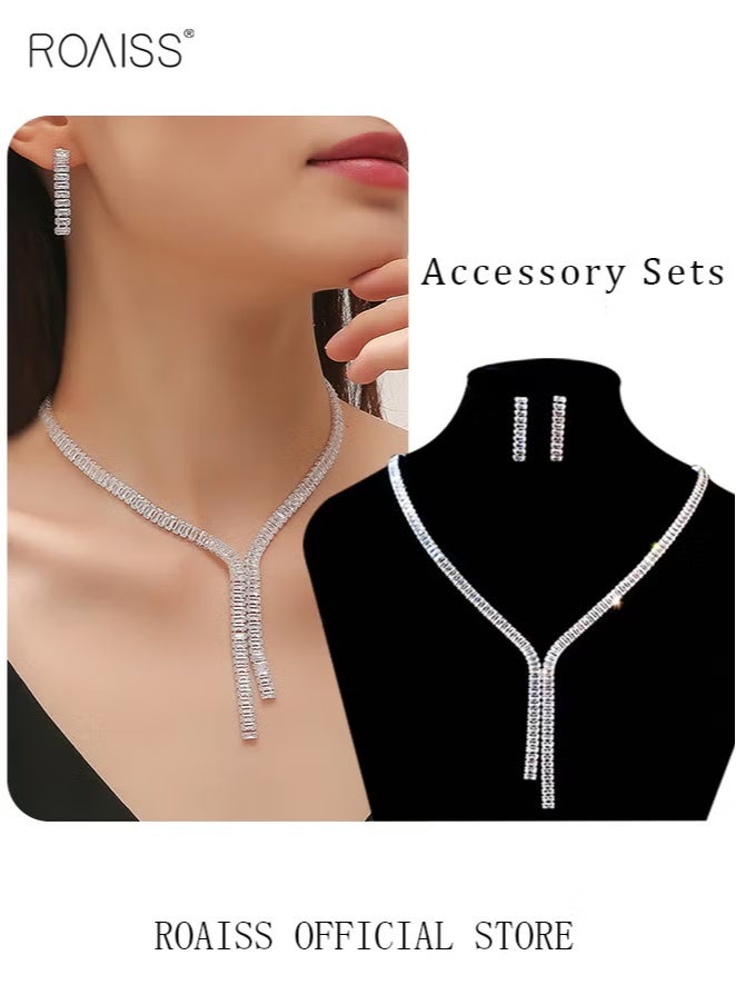 roaiss 3 Pcs Zircon Necklace Earrings Set Ear Drop Dangle Diamond Bridal Dress Accessories for Women Silver/Clear - Image 3
