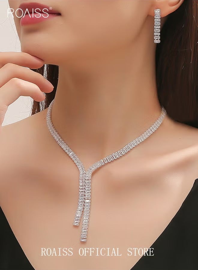 roaiss 3 Pcs Zircon Necklace Earrings Set Ear Drop Dangle Diamond Bridal Dress Accessories for Women Silver/Clear - Image 1