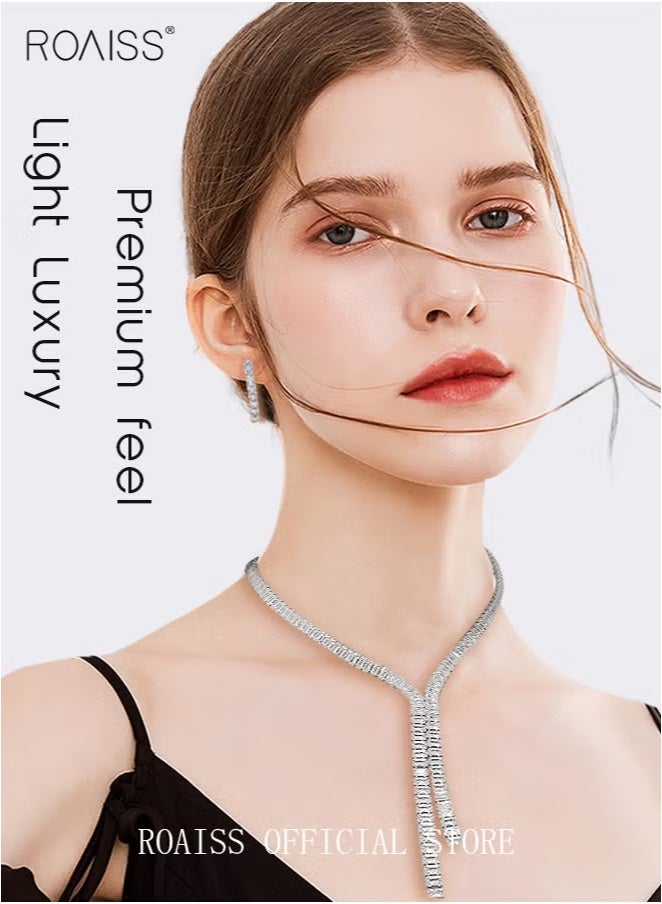 roaiss 3 Pcs Zircon Necklace Earrings Set Ear Drop Dangle Diamond Bridal Dress Accessories for Women Silver/Clear - Image 5