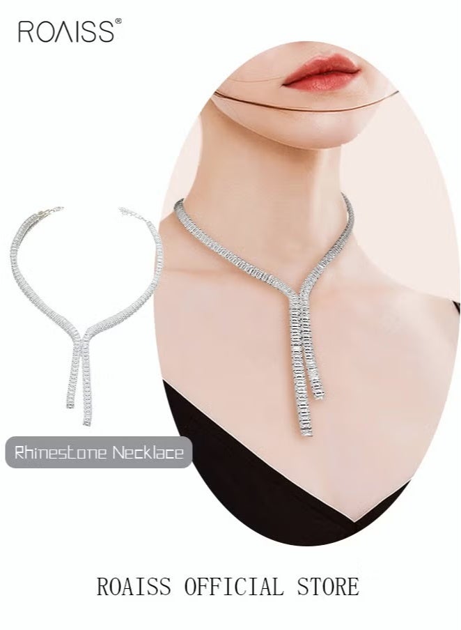 roaiss 3 Pcs Zircon Necklace Earrings Set Ear Drop Dangle Diamond Bridal Dress Accessories for Women Silver/Clear - Image 4