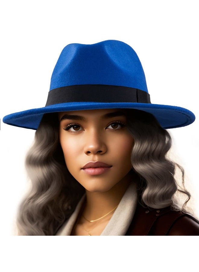 LADYBRO Felt Wide Brim Fedora Hats for Women Men, with Band Belt Buckle, Adjustable, 010 Blue, Size: 22-7/8", Fit for 22" - 22 7/8", 6 7/8-7 1/4 - Image 1