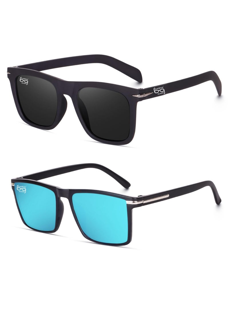 mashamart® Aviator Sunglasses for Men with Polarised Lenses,UV Protected Goggles, Black and Blue Mercury, Set of 2 - Image 1