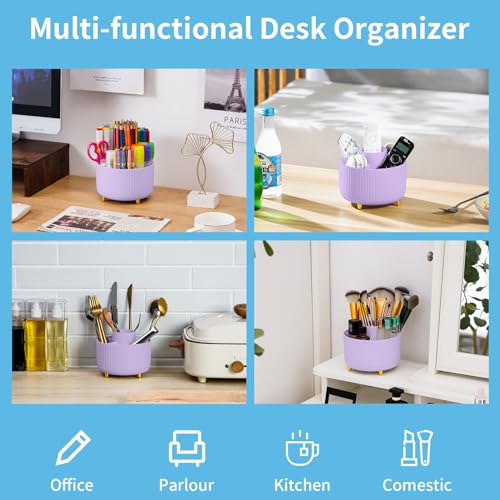 Marbrasse Desk Organizer, 360-Degree Rotating Pen Holder, Desk Organizers and Accessories with 5 Compartments Pencil Holder, Art Supply Storage Box Caddy for Office, Home（Purple） - Image 3