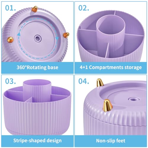 Marbrasse Desk Organizer, 360-Degree Rotating Pen Holder, Desk Organizers and Accessories with 5 Compartments Pencil Holder, Art Supply Storage Box Caddy for Office, Home（Purple） - Image 5