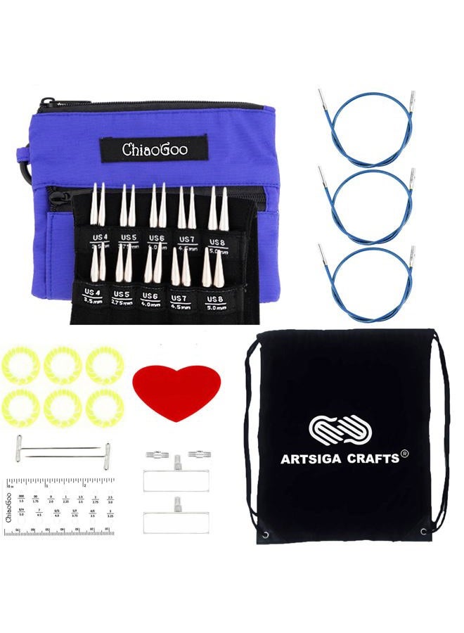 ChiaoGoo Twist Red Lace Shorties 2 & 3-Inch Large Blue 7230-S Interchangeable Knitting Needle Set, 10-Pairs Sizes US 4, 5, 6, 7, 8, Stainless Steel with 3 Cords Bundle with 1 Artsiga Crafts Large Bag - Image 1