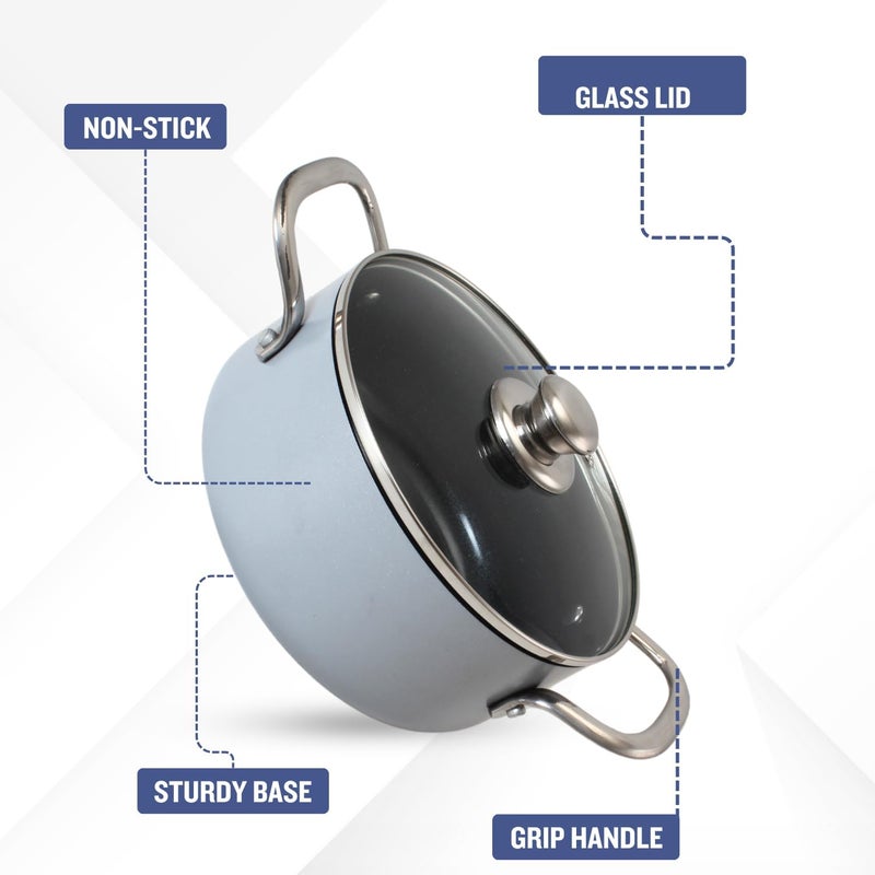 PLUMM Get Plumm Sauce Pot Cookware with Handle | Granite Stone Kadhai with Lid | Induction Base Biryani Pot Glass lid | Cool Touch Wooden Handle | Cooking Handi Pot (28 cm,Cool Gray) - Image 2