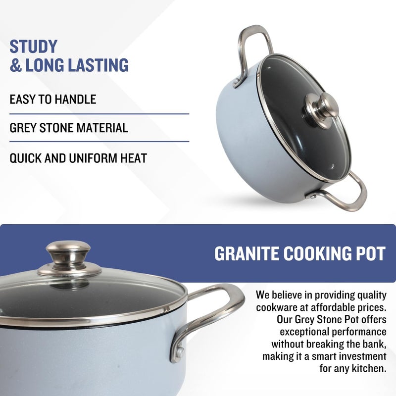 PLUMM Get Plumm Sauce Pot Cookware with Handle | Granite Stone Kadhai with Lid | Induction Base Biryani Pot Glass lid | Cool Touch Wooden Handle | Cooking Handi Pot (28 cm,Cool Gray) - Image 5