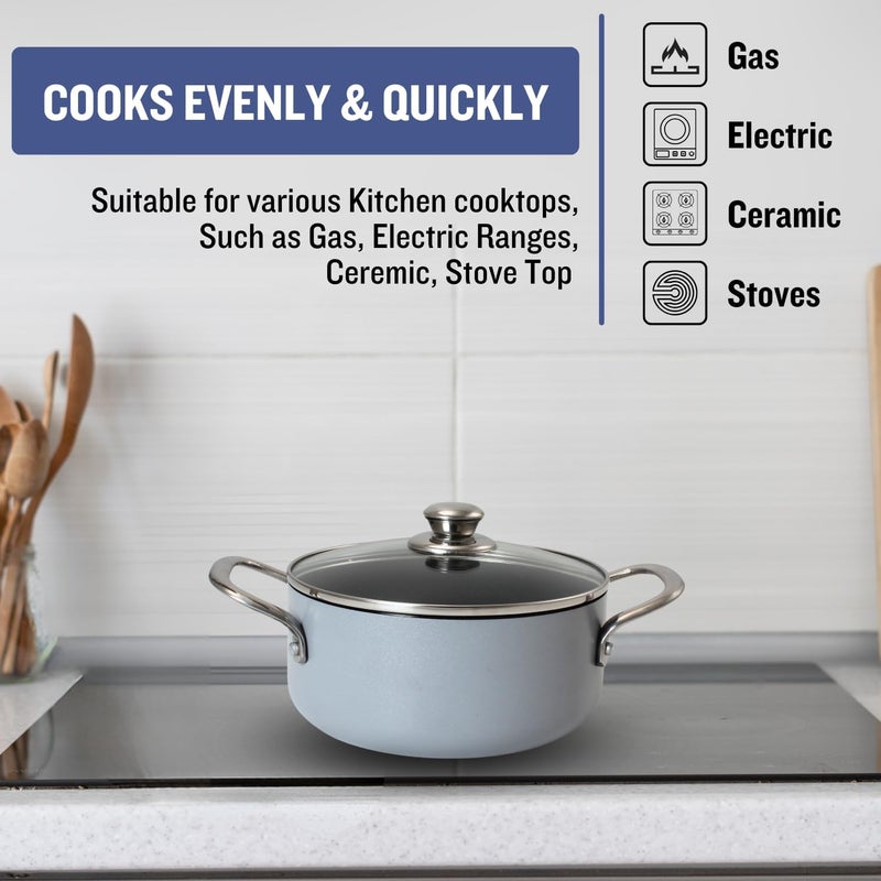 PLUMM Get Plumm Sauce Pot Cookware with Handle | Granite Stone Kadhai with Lid | Induction Base Biryani Pot Glass lid | Cool Touch Wooden Handle | Cooking Handi Pot (28 cm,Cool Gray) - Image 4