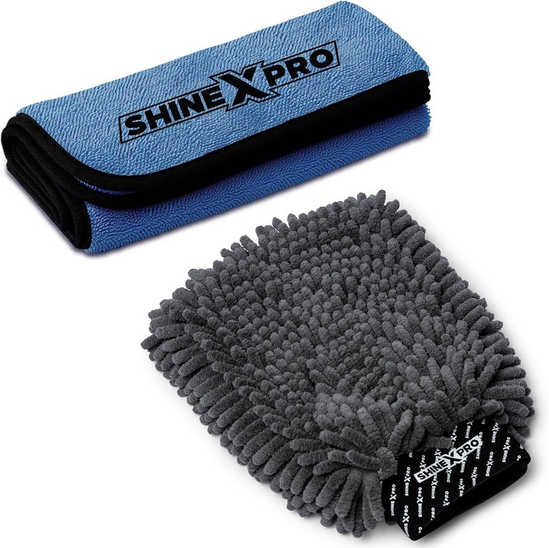 ShineXPro Microfiber Car Cleaning Cloth & Wash Mitt (Combo) - Includes SuckerXtreme 600GSM (60x50 CM) Microfiber Cloth for Car & Dual Sided Chenille Microfiber Wash Mitt - Super Wash & Dry Kit Transit damage prevent build - Image 1