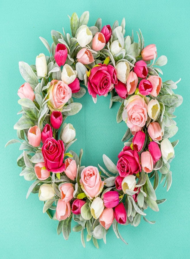 Yawwind 20 Inches Spring Wreath for Front Door Farmhouse Summer Door Wreaths Elegant Spring Floral Wreath with Tulips Rose Flocked Lambs Ear for Wall Window Porch Indoor Decor - Image 5