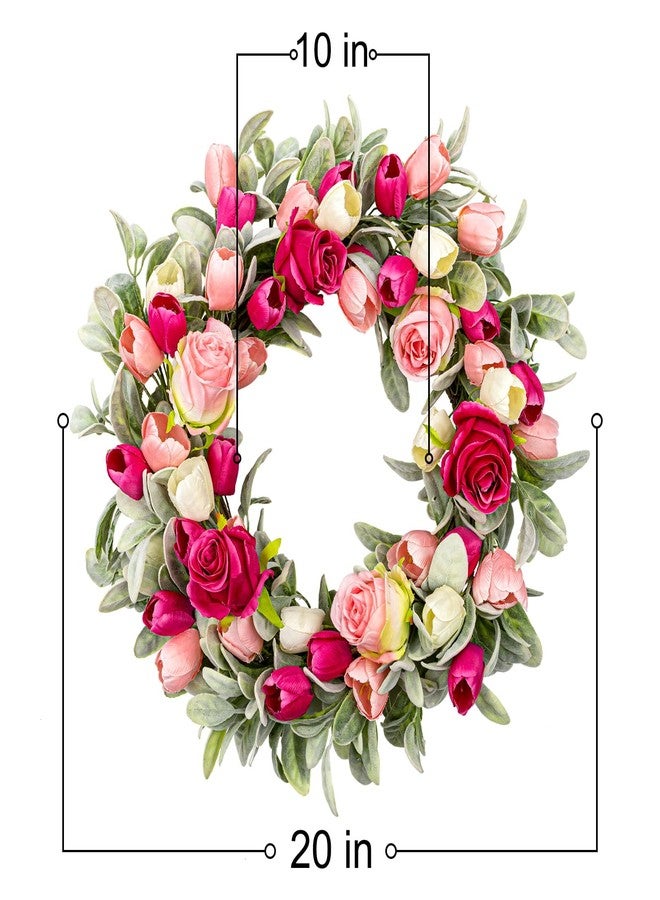 Yawwind 20 Inches Spring Wreath for Front Door Farmhouse Summer Door Wreaths Elegant Spring Floral Wreath with Tulips Rose Flocked Lambs Ear for Wall Window Porch Indoor Decor - Image 3