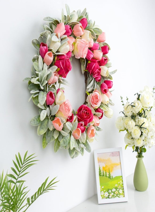 Yawwind 20 Inches Spring Wreath for Front Door Farmhouse Summer Door Wreaths Elegant Spring Floral Wreath with Tulips Rose Flocked Lambs Ear for Wall Window Porch Indoor Decor - Image 2