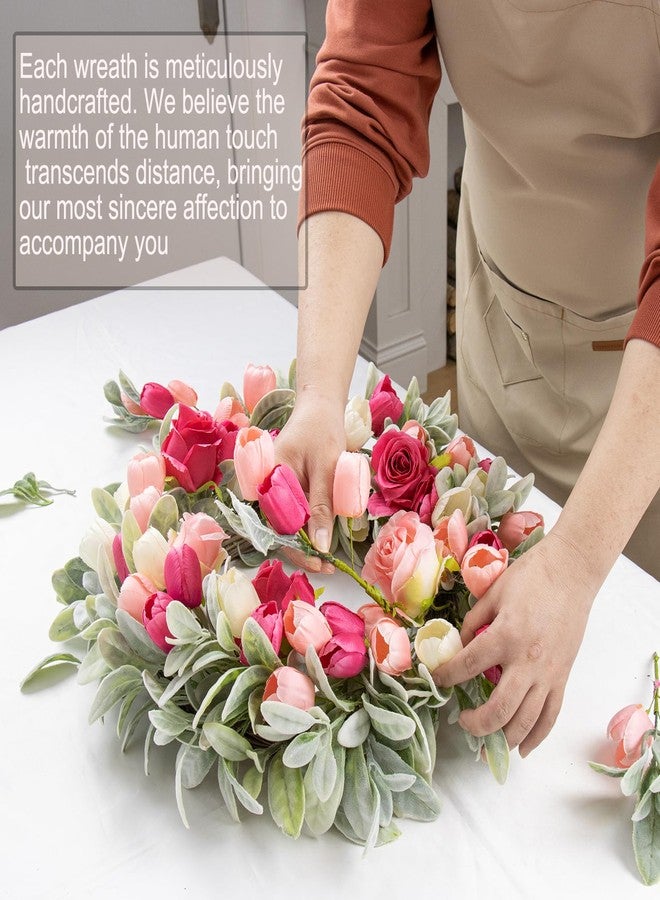 Yawwind 20 Inches Spring Wreath for Front Door Farmhouse Summer Door Wreaths Elegant Spring Floral Wreath with Tulips Rose Flocked Lambs Ear for Wall Window Porch Indoor Decor - Image 4