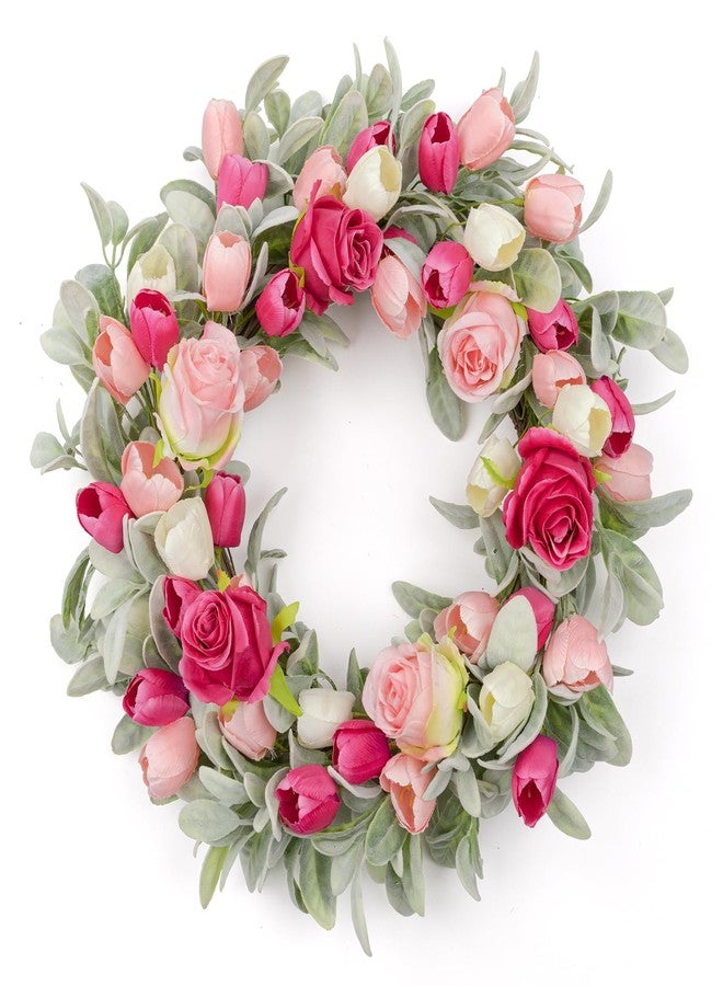 Yawwind 20 Inches Spring Wreath for Front Door Farmhouse Summer Door Wreaths Elegant Spring Floral Wreath with Tulips Rose Flocked Lambs Ear for Wall Window Porch Indoor Decor - Image 1