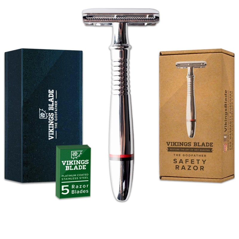VIKINGS BLADE Double Edge Safety Razor for Men + 5 Swedish Steel Blades + Luxury Case. Classic 3-Piece. Reusable, Eco-Friendly (The Godfather) - Image 1