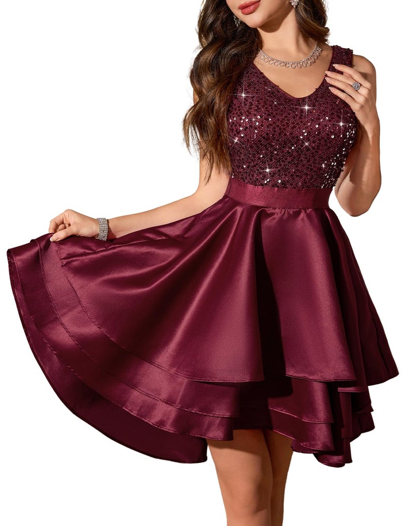 Meetjen Prom Dresses for Women Wedding Elegant Sparkly Teen Homecoming Short High Low A-line Party Dress Burgundy L - Image 1
