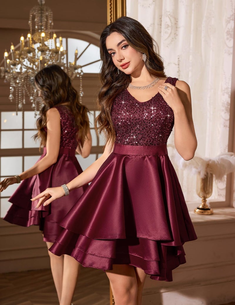 Meetjen Prom Dresses for Women Wedding Elegant Sparkly Teen Homecoming Short High Low A-line Party Dress Burgundy L - Image 4