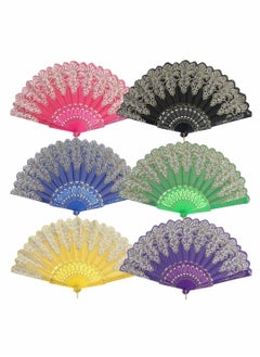 KASTWAVE Vintage Folding Hand Fan, KASTWAVE Gold Decoration Handheld Folding Fan Fabric Folding Fan for Wedding Dancing Party 6pcs  - Image 3