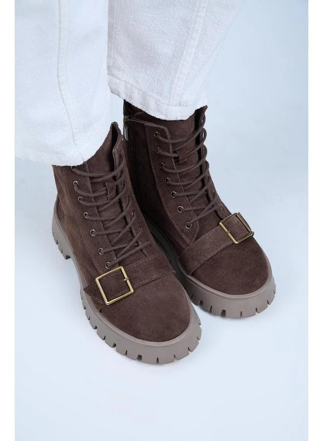 Manijero  (Mihri) Women's Genuine Leather Lace-up With Interior Zipper, Upper Buckle, Coffee-colored Boot. for Women | Best Price UAE