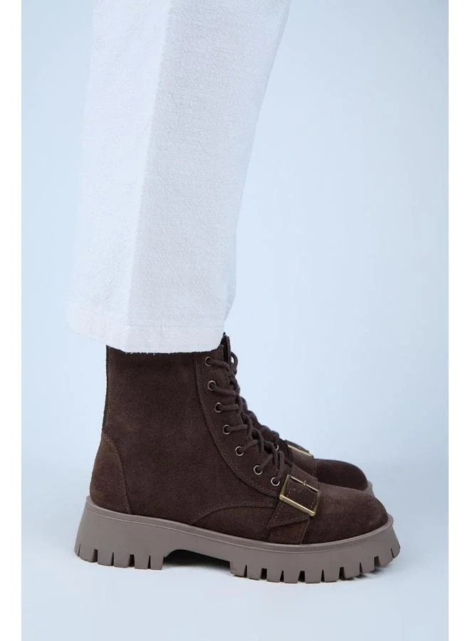 (Mihri) Women's Genuine Leather Lace-up With Interior Zipper, Upper Buckle, Coffee-colored Boot.