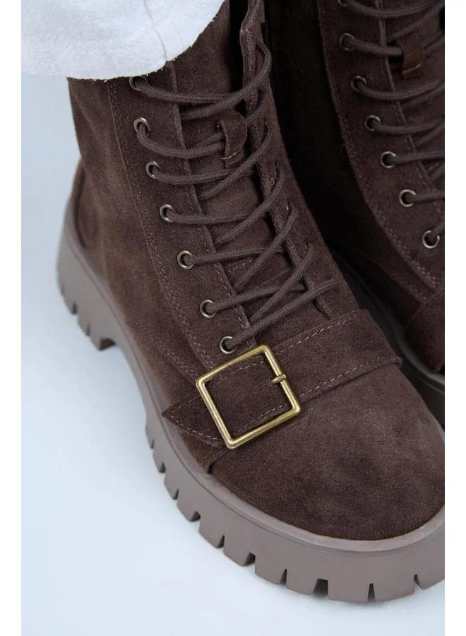 Manijero  (Mihri) Women's Genuine Leather Lace-up With Interior Zipper, Upper Buckle, Coffee-colored Boot. for Women | Best Price UAE