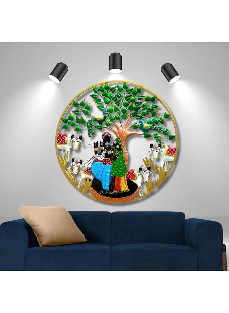 pranjals house - pranjals house Aesthetic Metal Handpainted Rustic Iron Wall Hanging of Radha Krishna with Cows Art Sculpture for Home Office Wall Decor/Wall Hanging (32 x 32 inches) - Image 1