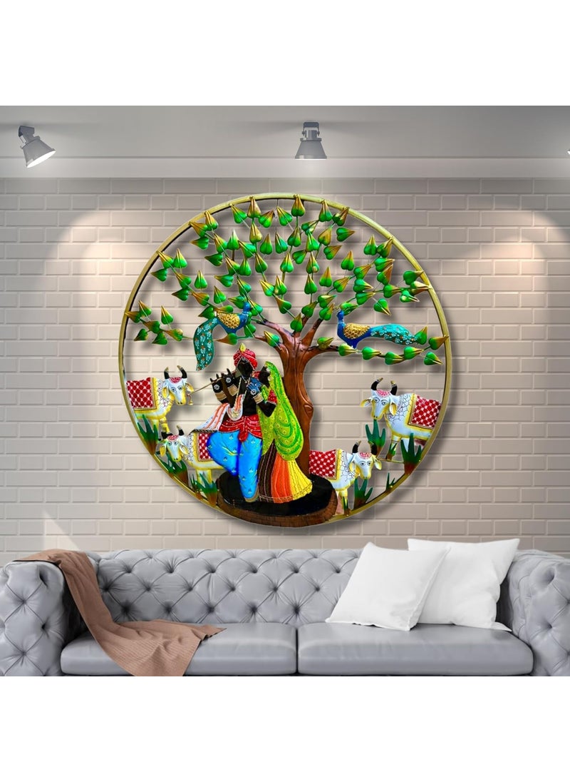 pranjals house - pranjals house Aesthetic Metal Handpainted Rustic Iron Wall Hanging of Radha Krishna with Cows Art Sculpture for Home Office Wall Decor/Wall Hanging (32 x 32 inches) - Image 1