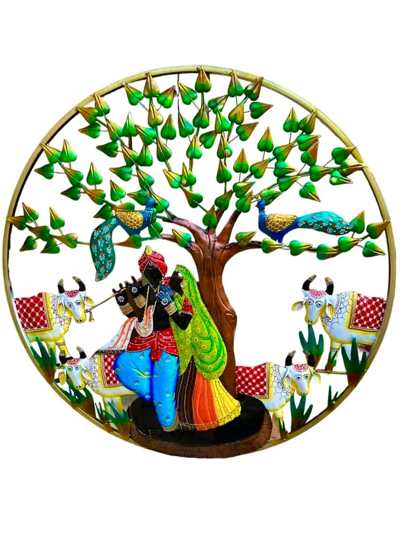 pranjals house - pranjals house Aesthetic Metal Handpainted Rustic Iron Wall Hanging of Radha Krishna with Cows Art Sculpture for Home Office Wall Decor/Wall Hanging (32 x 32 inches) - Image 1