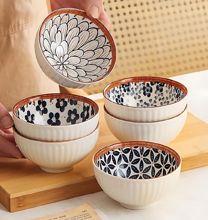 yomith Ceramic Bowls Japanese Rice Bowls Kitchen Cereal Bowl Porcelain Serving Bowls for Rice Soup Dessert Snack 300ml White Set of 6 - Image 1