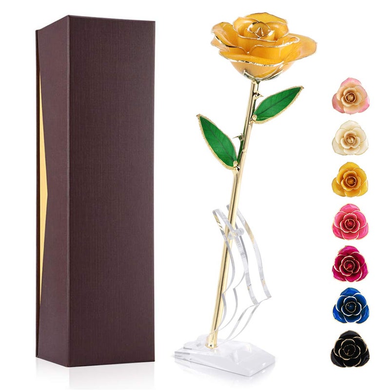 Ejoyous Ejoyous Gold Plated Rose 24K Gold Dipped Real Rose Flower Lover Mom Wife Daughter Girl Friend Present on Mothers Day Wedding Anniversary Birthday Proposal Reward Yellow 