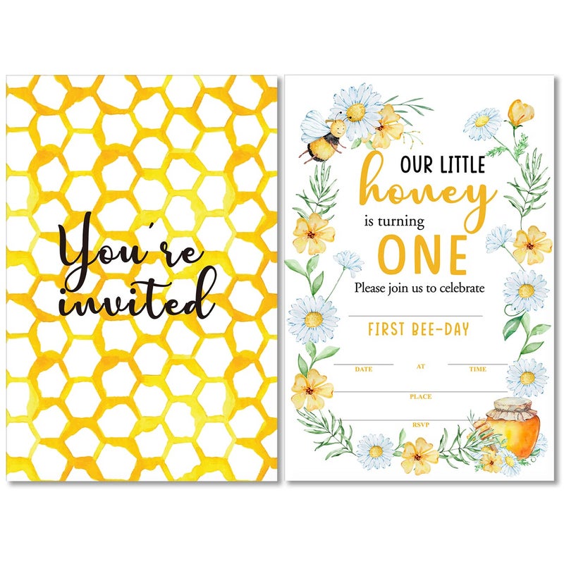 Soiceu Cute BeeDay Bee 1st Birthday Invitations with Envelopes Set of 20 Watercolors Beehive Bee 1 Year Old First Birthday Party Invites
