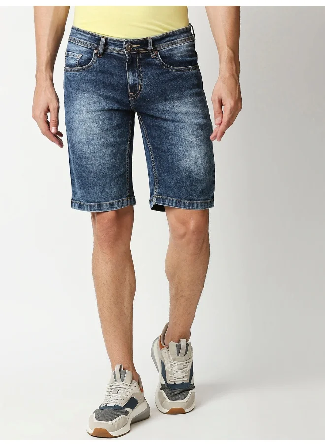 هاي ستار Men Blue Washed Mid-Rise Denim Shorts