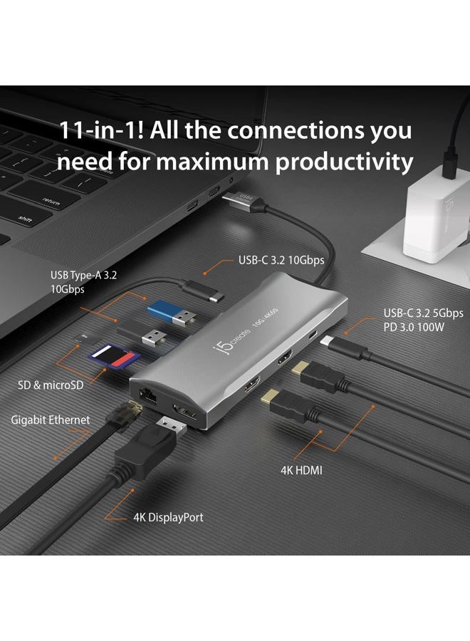 j5create USB C 4K Triple Display Hub - 4K HDMI x2, 4K DP, 2 USB-A and USB-C 10Gbps, PD 100W, Ethernet, SD 4.0 Card Reader | for XPS, Surface Pro (JCD397) - Image 2