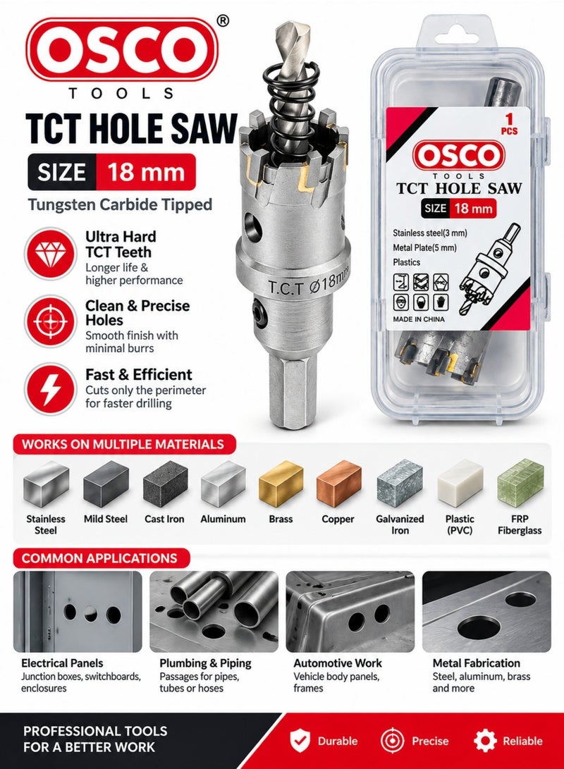 OSCO-TOOLS TCT Hole Saw 18mm, Tungsten Carbide Tipped Hole Cutter with Pilot Drill & Allen Key, Heavy Duty Hole Saw for Stainless Steel, Mild Steel, Aluminum, Brass, Copper, Plastic & Fiberglass - Image 1