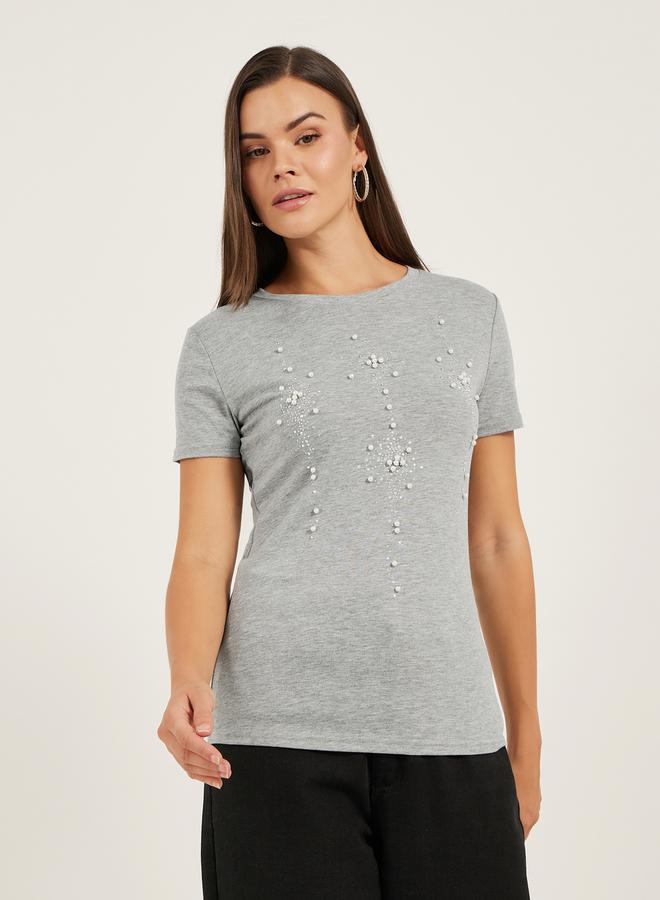 Styli Embellished Round Neck Regular Fit T-Shirt  - Image 3
