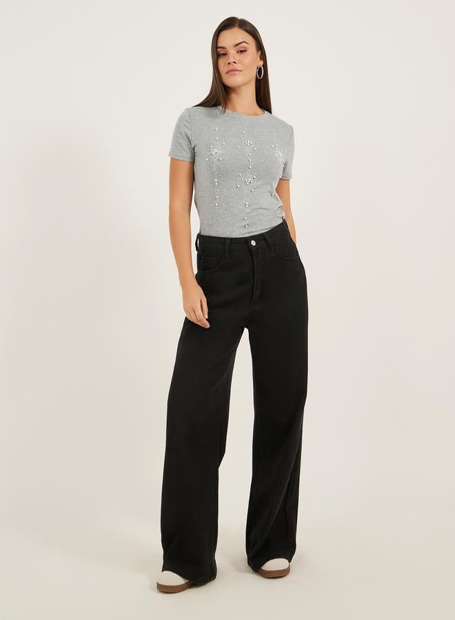 Styli Embellished Round Neck Regular Fit T-Shirt  - Image 2
