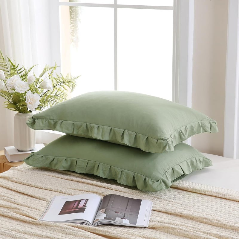 Merryword Avocado Green Pillow Shams Green Ruffle Standard Pillowcases Cute Pillow Cover Set of 2 Shabby Chic Soft Microfiber Pillowcases 2 Pack - Image 4