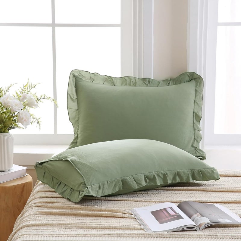 Merryword Avocado Green Pillow Shams Green Ruffle Standard Pillowcases Cute Pillow Cover Set of 2 Shabby Chic Soft Microfiber Pillowcases 2 Pack - Image 1