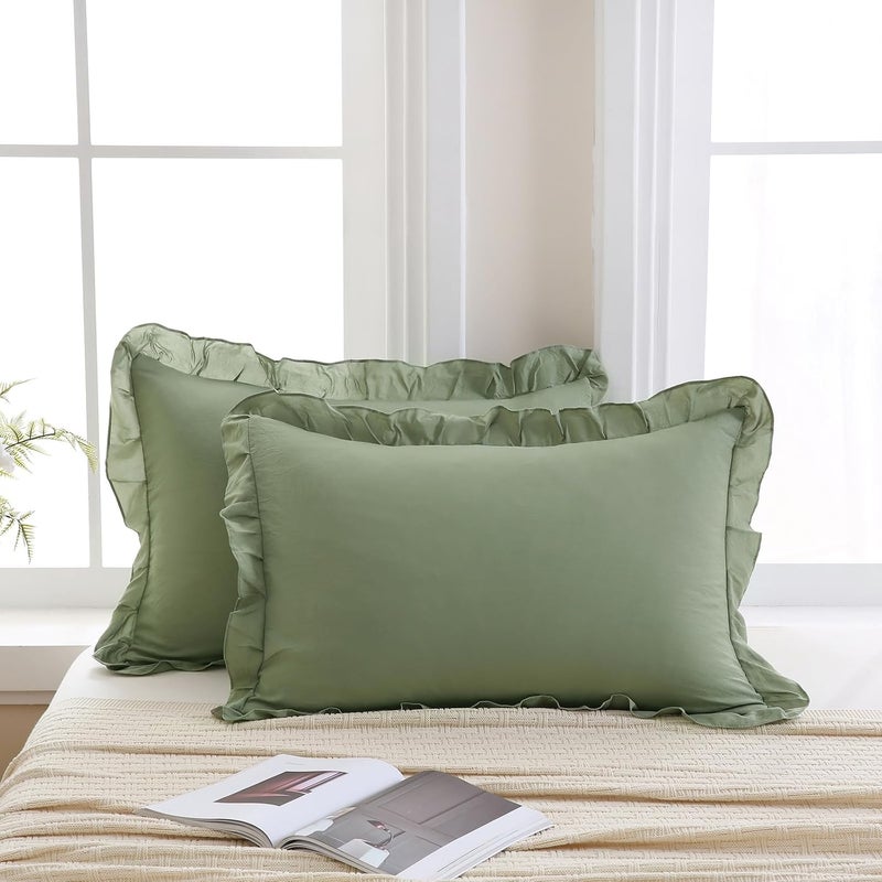 Merryword Avocado Green Pillow Shams Green Ruffle Standard Pillowcases Cute Pillow Cover Set of 2 Shabby Chic Soft Microfiber Pillowcases 2 Pack - Image 2