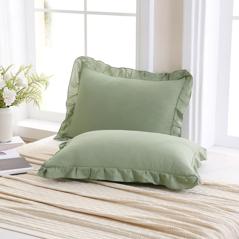 Merryword Avocado Green Pillow Shams Green Ruffle Standard Pillowcases Cute Pillow Cover Set of 2 Shabby Chic Soft Microfiber Pillowcases 2 Pack - Image 3