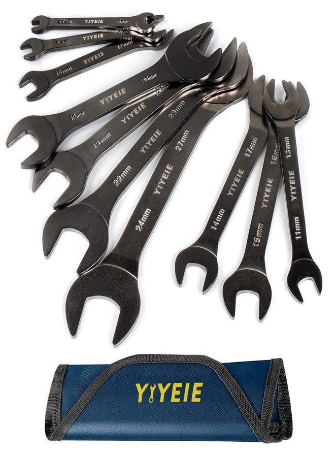 YIYEIE طقم مفاتيح ربط مفتوحة الطرف فائقة النحافة من YIYEIE، 10 قطع مترية، 5.5، 7، 8، 9، 10، 11، 12، 13، 14، 15، 16، 17، 18، 19، 20، 21، 22، 23، 24، 27 مم، مطلي بالنيكل، مصنوع من فولاذ CR-V، مفتاح ربط رفيع مع حقيبة لف - Image 1