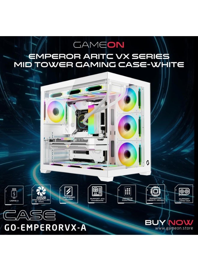 GAMEON GO-EMPERORVX-A ATX PC Case with 4 Pre-Installed 120mm ARGB Fans, Type-C, 400mm GPU Support, 360mm Liquid Cooling Ready, Tempered Glass Front & Side, ATX/M-ATX/ITX Gaming Case white - Image 2