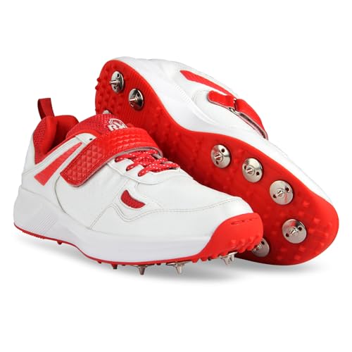 RXN Victor Bowling Metal Spike Cricket Shoes for Men & Women | Cricket Spike Shoes with Phylon Sole, TPU Outsole & Synthetic Leather Upper Comes with Extra Nails & Keys to Tighten (White Red, 7) - Image 2