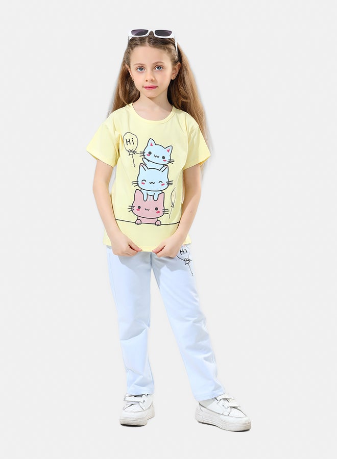 ريمينت بيجاما للبنات برسمة قطط اصفر فاتح - Image 1