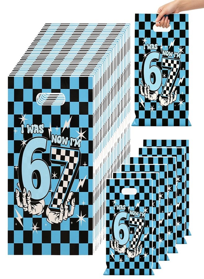 Rexinc 50 PCS 67 Party Favors Gift Bags, Funny I Was 6 Now I’m 7 Meme Goodie Bags with Handles, Black and Blue Plaid Print 6 7 Birthday Decorations Bags for 7th Birthday Party Candy Treats & Celebration Supplies - Image 1