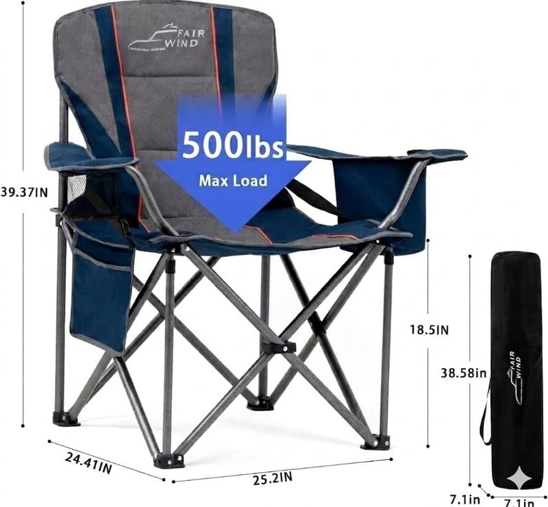 FAIR WIND Oversized Camping Chair 500LBS Capacity Heavy Duty Padded Folding Chair for Heavy People Portable Lawn Chair with Adjustable Lumbar Support, Cooler Bag & Cup Holder for Outdoor, Beach - Image 2
